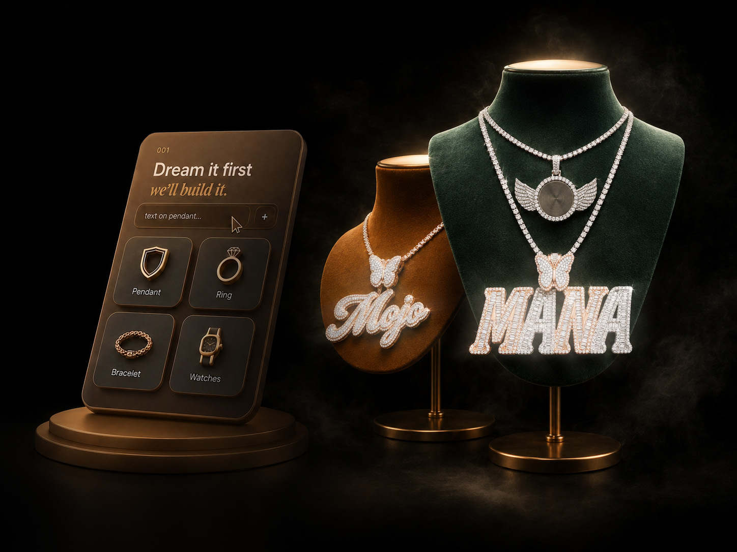 Custom Mojo and MANA diamond pendants displayed in a jewelry studio