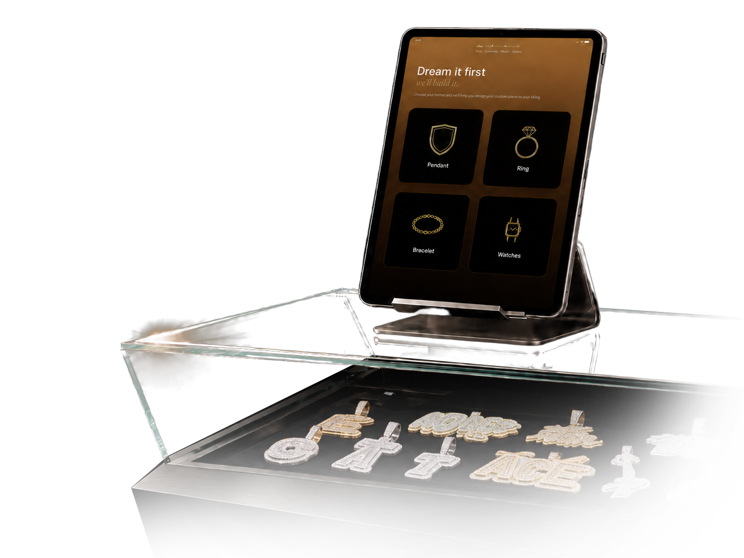 In-store design tablet on a jewelry case